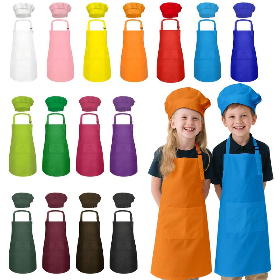 5pcs Kids Apron & Chef Hat Set, Unisex, With 2 Pockets & Adjustable, Suitable For Cooking Class, Baking, Painting, Crafting, Ages 6-13 - Multicolor - View 1