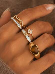 5pcs/Set 18K Gold Plated Women's Sweet Gentle Heart Natural Stone Rings, Autumn/Winter Fashion Accessories - Gold - View 3