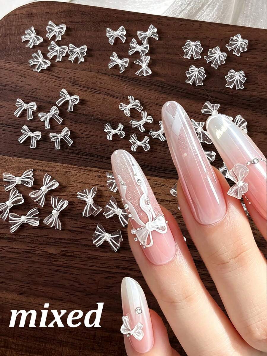 50pcs Mixed Transparent Moonlight Bow Nail Rhinestone Double Pleats Ballet Bowknot 3D Nail Charms Mixed Styles Lace Bow Nail Decoration