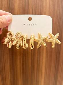 6/18pcs Gold Earrings Set - Large Starfish Earrings & Floral Studs. Suitable For All-Year Travel And Vacation Wear, Best Gift For Family And Friends - Gold - View 3