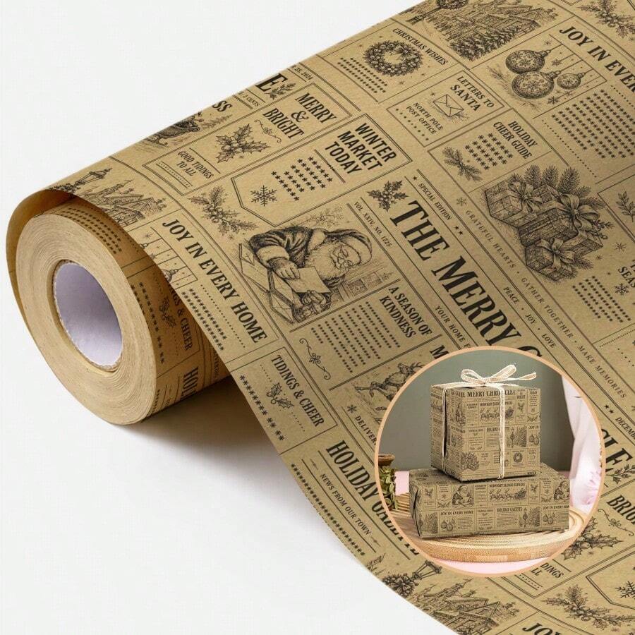 1 Roll Of Christmas Vintage Newspaper-Style Gift Wrapping Paper (Kraft Paper); Suitable For Christmas, Holiday Decorations, Birthday Parties, Gift Wrapping, And Holiday Gift Boxes-Dimensions: 43 Cm * 500 Cm (17 Inches * 16.4 Feet) - Multicolor - View 1
