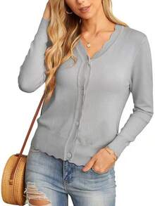 Women's Scalloped Hem Knit Cardigan, V-Neck Long Sleeve Cardigan, Lightweight Viscose Cardigan For Spring And Autumn - Grey - View 2