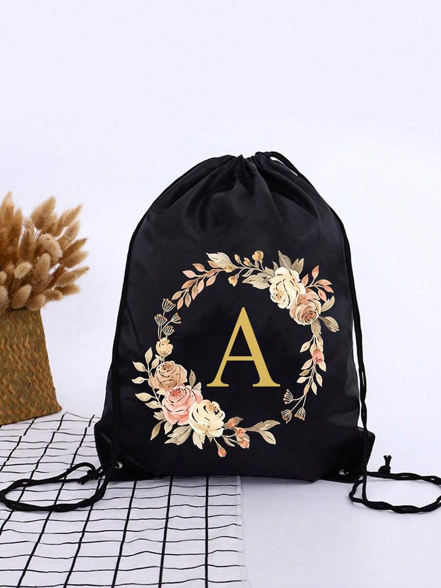 1pc Floral Wreath Alphabet Initial Drawstring Backpack, Letter Print Drawstring Bag, Light Sports Gym Sack, Portable Storage Bag For Travel Sports - Black - View 1