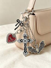 Gothic Cross Keychain, Dark Bow Bat Heart Pendant, Personalized Car Keychain, Bag Charm, Unique Birthday And Halloween Gift. - Multicolor - View 8