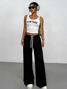 1pc Black Loose Fit Drawstring Design Casual Wide Leg Pants, Suitable For Outdoor Sports, Daily Wear In Summer & Autumn, Great Gift For Girlfriend Back To School Season Spring - Multicolor - View 9