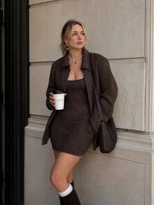 American Style Loose Knit Cardigan With Lapel Collar + Fashionable Spaghetti Strap Dress 2 Pieces Set - Brown - View 3