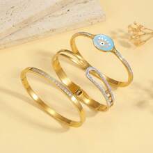 1/3pcs Luxury 18K Gold Plated Stainless Steel Bracelet Set For Women, Light Blue Evil Eye & Geometric Pave Zirconia Open Bangle - Gold - View 1