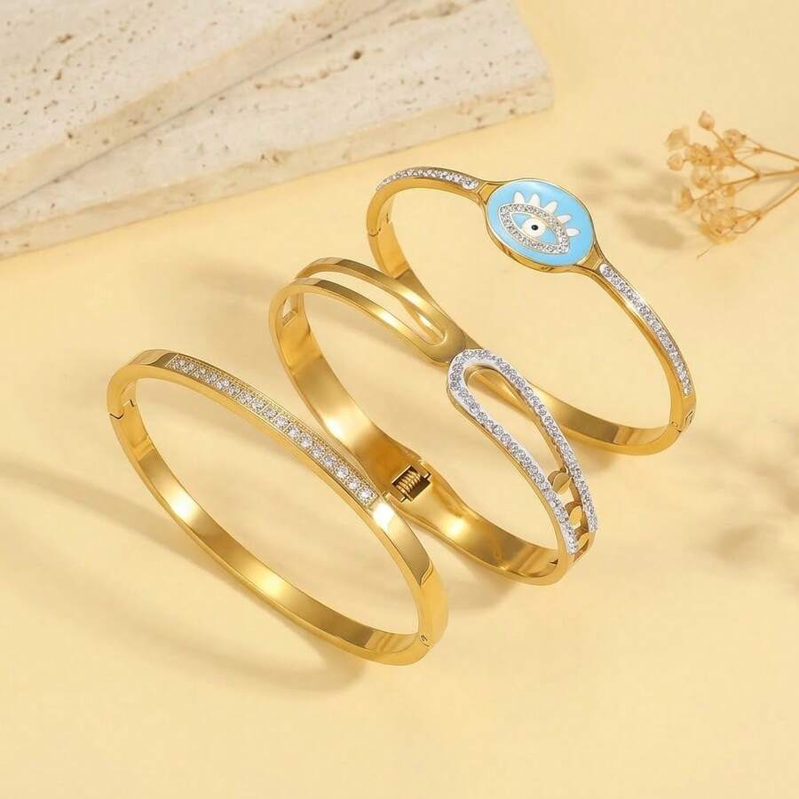 1/3pcs Luxury 18K Gold Plated Stainless Steel Bracelet Set For Women, Light Blue Evil Eye & Geometric Pave Zirconia Open Bangle - Gold - View 1