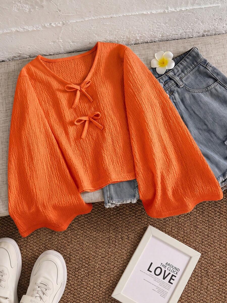 Girls Casual Solid Color V-Neck Front Tie Flared Sleeve Top, Bow Top, Suitable For Spring/Autumn Daily Outdoor Back To School Party - Orange - View 1