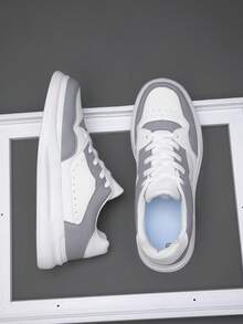 Unisex Fashion Colorblock Sneakers, Layered Patchwork Upper Design, Thick Platform Sole, Suitable For Streetwear And Dating Outings - Grey - View 3