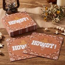 20/40/60 Pcs,Howdy Cowboy Disposable Paper Dinner Napkins,Brown Western Cowboy Hat Bull Skull Bandana Print Dessert Tissues,2-Ply Decorative Cocktail Napkins,For Wild West Theme Party,Country Birthday,Rodeo Party,Western Table Decor,6.5*6.5 Inch - Multicolor - View 4