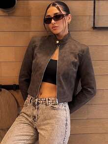Women's Autumn/Winter Brown Faux Suede Short Motorcycle Jacket, Stand Collar Zipper For Daily Wear, Back To School Halloween And Christmas Outfits - Coffee Brown - View 5