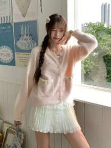 Korean Style Soft Knit Cardigan Women Autumn/Winter Lace Pocket Bow Short Sweater Jacket Loose Fit Top - Pink - View 1