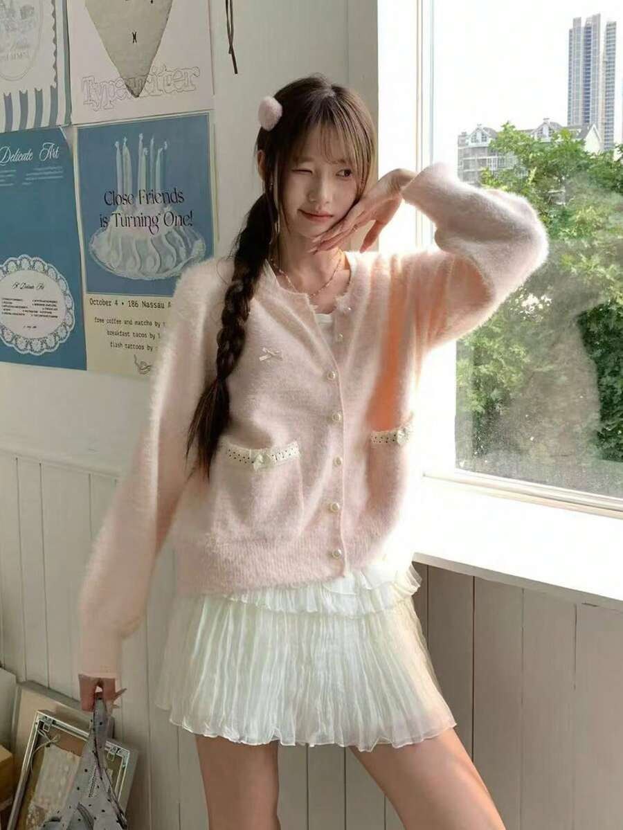 Korean Style Soft Knit Cardigan Women Autumn/Winter Lace Pocket Bow Short Sweater Jacket Loose Fit Top - Pink - View 1