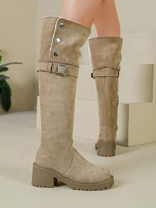 Light Khaki Suede Equestrian Tall Boots, Soft Maillard Tone, Pairs Well With Trench Coats, Overcoats, Dresses, Suitable For Autumn/Winter Commuting, Travel, Dating - Khaki - View 3