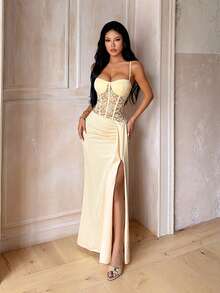 Women's Lace Patchwork Split Design Elegant Waist-Cinching Party Dress - Yellow - View 1