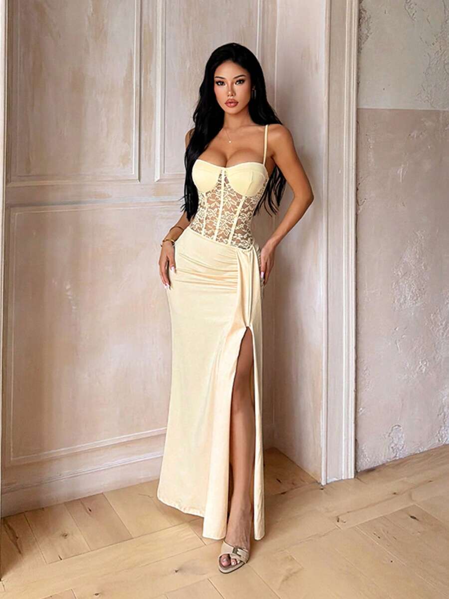 Women's Lace Patchwork Split Design Elegant Waist-Cinching Party Dress - Yellow - View 1