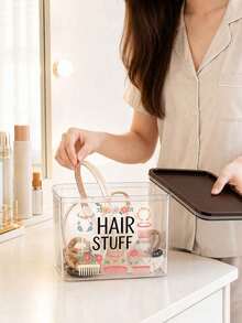 Transparent Sealed Storage Box With Hair Accessory Pattern, Plastic Storage Container, Large Capacity, Dust-Proof And Moisture-Proof, Hair Accessory Storage, Jewelry Storage, Cosmetic Organizer, Makeup Vanity Organizer, Highly Attractive Desktop Decor, Dressing Table Surface Placement, Bedroom Desktop Organization, Home Storage Arrangement. Sealed Design Isolates Dust And Moisture, Transparent And Visible For Quick Item Retrieval, Ample Space - Multicolor - View 6