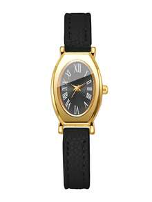 Women's Gift Watch With Embossed PU Leather Strap, Oval Roman Numeral Dial, Luxury Niche Wristwatch, Gift For Best Friend (1pc/Set), Watch Box Not Included - Black - View 9