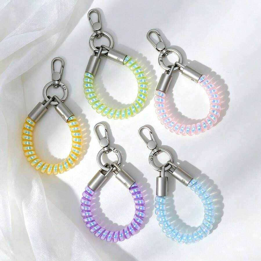 1pc Unisex Creative Iridescent Telephone Wire Keychain Spring Anti-Loss Phone Lanyard Accessory Personalized Bag Key Pendant - Multicolor - View 1