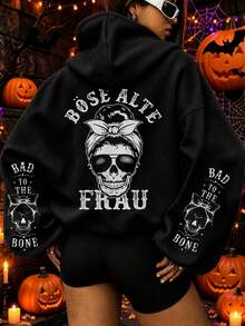 Halloween "Skull Letter" Print Sweatshirt, Plus Size Women's Casual Autumn/Winter Long Sleeve Pocket Sweatshirt Sweatshirt Black - Black - View 1