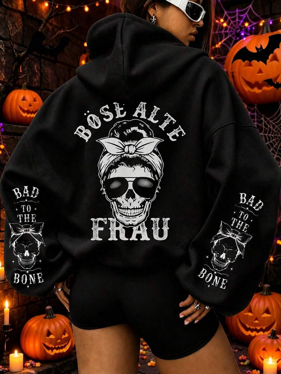 Halloween "Skull Letter" Print Sweatshirt, Plus Size Women's Casual Autumn/Winter Long Sleeve Pocket Sweatshirt Sweatshirt Black - Black - View 1