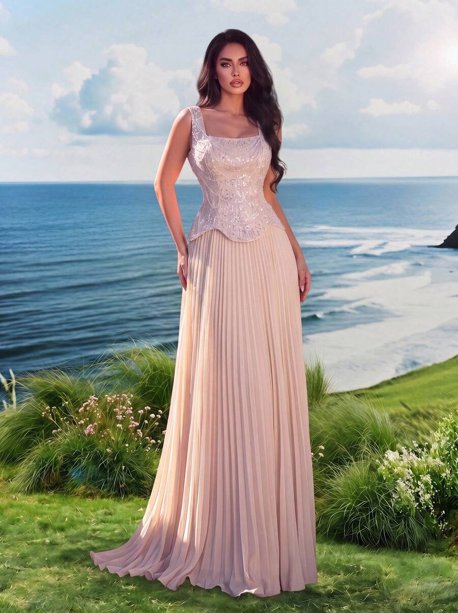Elasola 奢華優雅珠飾亮片百褶長版正式晚禮服,適合派對、婚禮、秋季 - 香檳色 - 查看 1