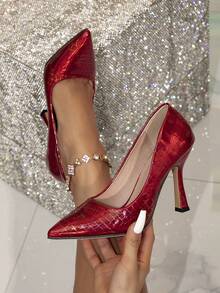 Women Pointed Toe Holographic Grid Embossed PU Pumps, Flared Stiletto Heels, Closed‑Toe Evening Party Dress Shoes - Red - View 5
