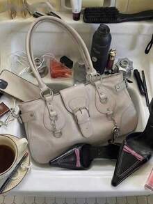 Tote Bag With Metal Buckle Decor, Large Capacity Storage Space, Zipper And Snap Closure, Handheld Underarm Bag Style, Suitable For Daily Outings And Commuting, Versatile For Various Outfits, Exquisite Craftsmanship, Meets Diverse Carrying Needs - Beige - View 3