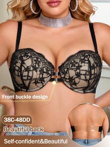 mimilemon Plus Size Front Closure Underwire Bra, Comfort Breathable Lace Push‑Up Bra, Beautiful Back Design Women's Lingerie - Black - View 4