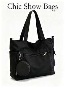 Bolso tote de tela negro liso para mujer, bolso de hombro con monedero redondo desmontable, múltiples bolsillos, bolso casual para compras diarias, escuela y desplazamientos - Multicolor - Ver 2