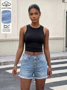 Pantalones cortos vaqueros desgastados de verano casuales con diseño de 4 botones, estilo versátil de vacaciones minimalista para mujer - Lavado ligero - Ver 1