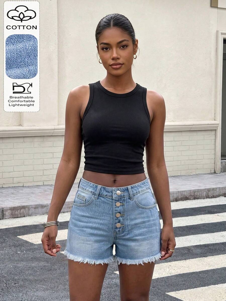 Pantalones cortos vaqueros desgastados de verano casuales con diseño de 4 botones, estilo versátil de vacaciones minimalista para mujer - Lavado ligero - Ver 1
