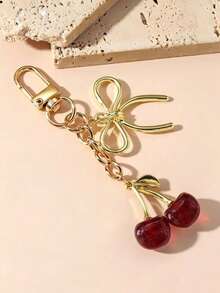 1pc Unisex Red Cherry Keychain, Fashionable 3D Bow Pendant, Luxury Style Exquisite Bag & Key Charm - Multicolor - View 6
