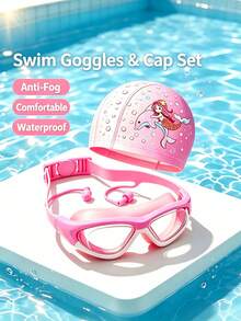 Children's Swimming Goggles & Swim Cap Set, High-Definition Anti-Fog Large Frame Goggles With Earplugs, Soft Waterproof Swim Cap, Snug Fit Without Tightness, For Kids Swimming Training & Water Play, Comfortable & Swimming Gear - Multicolor - View 4