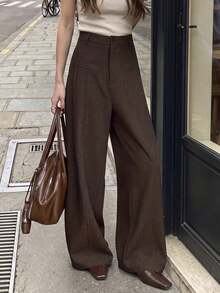 Women's Relaxed Minimalist Elegant Commuter Style High Waist Wide Leg Long Pants Non-Stretch Spring Autumn Fashion Versatile Trousers - Brown - View 1