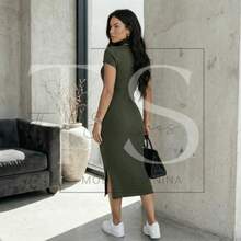 Vestido Feminino Midi Canelado Cacharrel Manga Curta com Fenda Gola Alta Tubinho Modelador Vestido Frio Inverno - Verde Militar - Visão 3