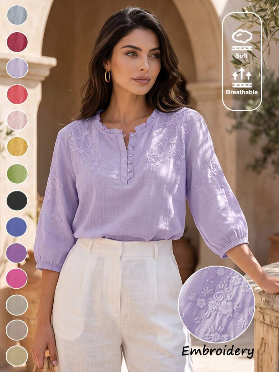 Women's Spring Summer Autumn Elegant Vintage Casual Boho Embroidered Blouse, Commute Holiday Vacation Daily Outing Viscose Embroidered Lightweight Loose Artistic Vintage Mid-Sleeve Shirt Top, Casual Woman, Country Outfits Women, Tops