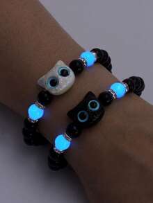 2 pcs/Set Gelang dan Kalung Manik Kucing Glow-in-the-Dark, Aksesori Serasi Sahabat Gaya Niche Y2K, Hadiah Pasangan Simpel Serbaguna - MultiWarna - View 2