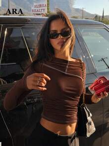 ARA CHIC 3-Way Wear Long Sleeve Top, Women's Contrast Stitching Ruched Fitted Cropped T-Shirt, Multi-Wear Off-Shoulder Ruffled Collar Y2K Top, Casual Street Date Top - Brown - View 3