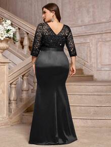 Plus Size Sequin Floral Lace Patchwork Ruffle Satin Long Evening Dress, Suitable For Wedding Guest, Formal Party, Gala, Celebration Elegant - Black - View 2