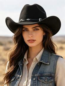 1pc European And American Style Western Cowboy Hat, Metal Buckle Decor Wide Brim Hat, Outdoor Travel Vintage Atmosphere Hat - Diamond-shaped Metal Buckle - View 2