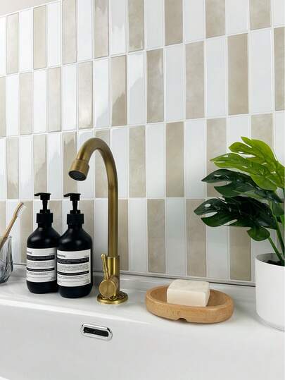 WoStick 1/10/20pcs Beige Self-Adhesive Subway Tile Wall Stickers, 3D Glossy Self-Adhesive Tile Stickers, Easy To Clean Kitchen Bathroom Home Renovation Wall Decals