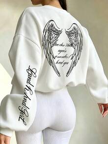 Classic Crew Neck Sweatshirt For Autumn And Winter, Simple Angel Wing Print, Oversized Sweatshirt In Streetwear Style, Fashionable Outfit For Pend - White - View 6