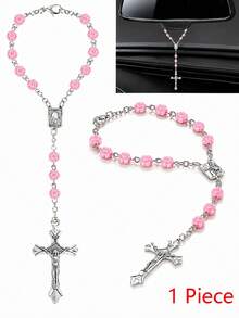 1 pieza Adorno de cruz con cuentas de rosa rosa, elegante decoración colgante para espejo retrovisor - Rosa - Ver 1