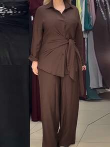 Women's Casual Commute Lapel Long Sleeve Design Tie Waist Shirt + Loose Wide Leg Pants 2 Pieces Set, Solid Color Front Button Tie Shirt And Long Pants Outfit, Suitable For Commute, Daily Wear And Date - Brown - View 5