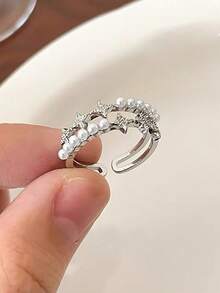 1pc Fashionable Exquisite Cubic Zirconia Starburst Faux Pearl Open Ring Suitable For Women's Daily Wear And Party - Silver - View 6