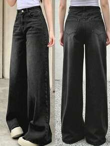 Teen Girl's Loose Washed Wide Leg Pants, Versatile For Daily Wear - Black - View 1