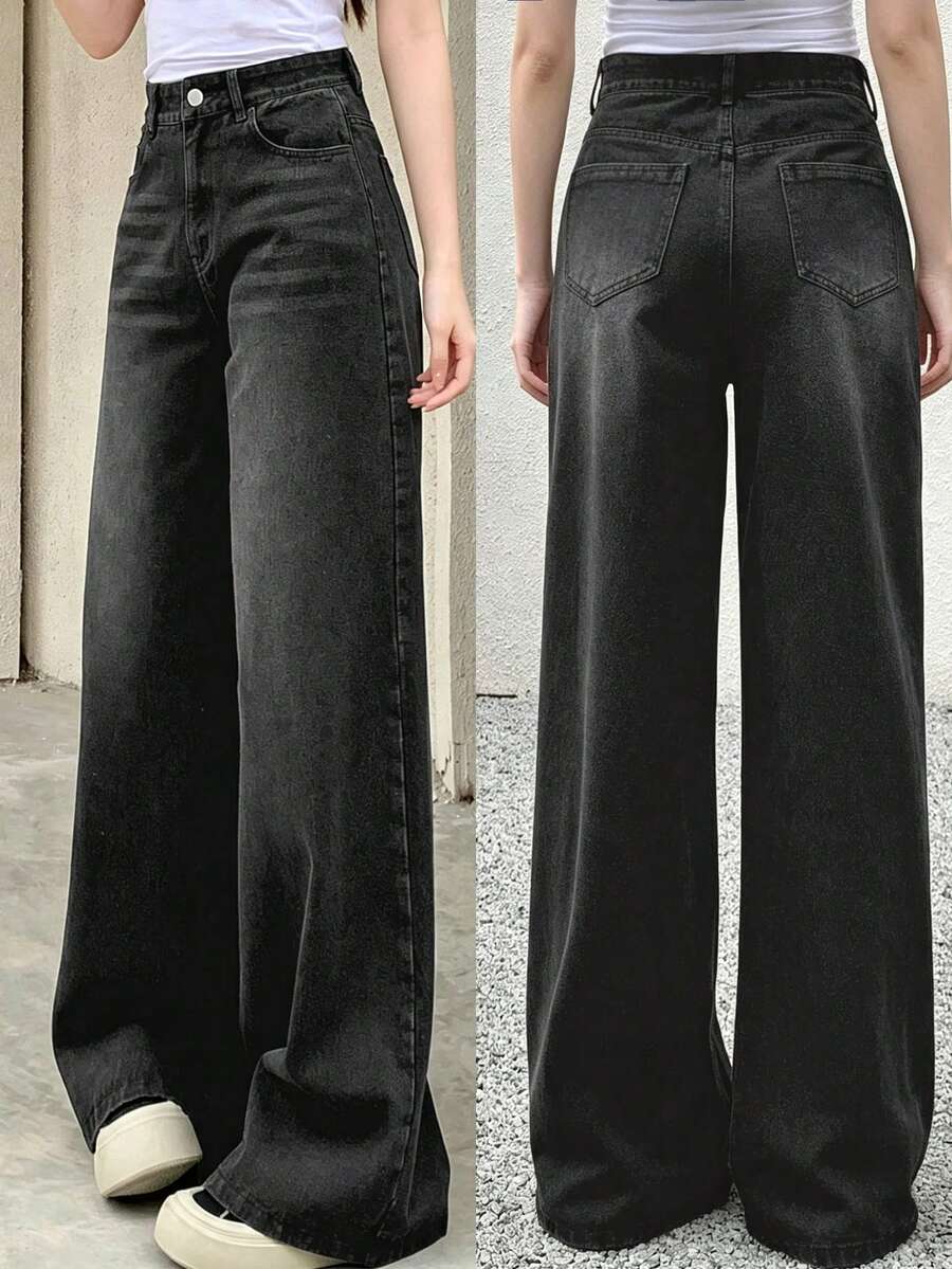 Teen Girl's Loose Washed Wide Leg Pants, Versatile For Daily Wear - Black - View 1