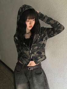 Vintage American Sweet & Cool Camouflage Two-Way Zipper Slimming Hooded Long Sleeve Jacket Top - Army Green - View 2